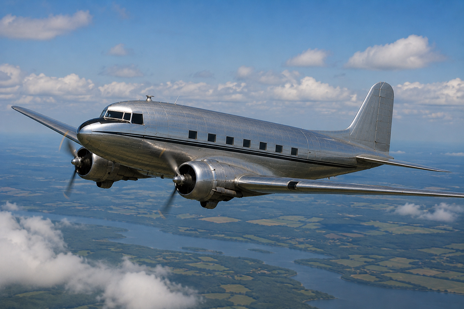 Vintage DC-3 aircraft in flight